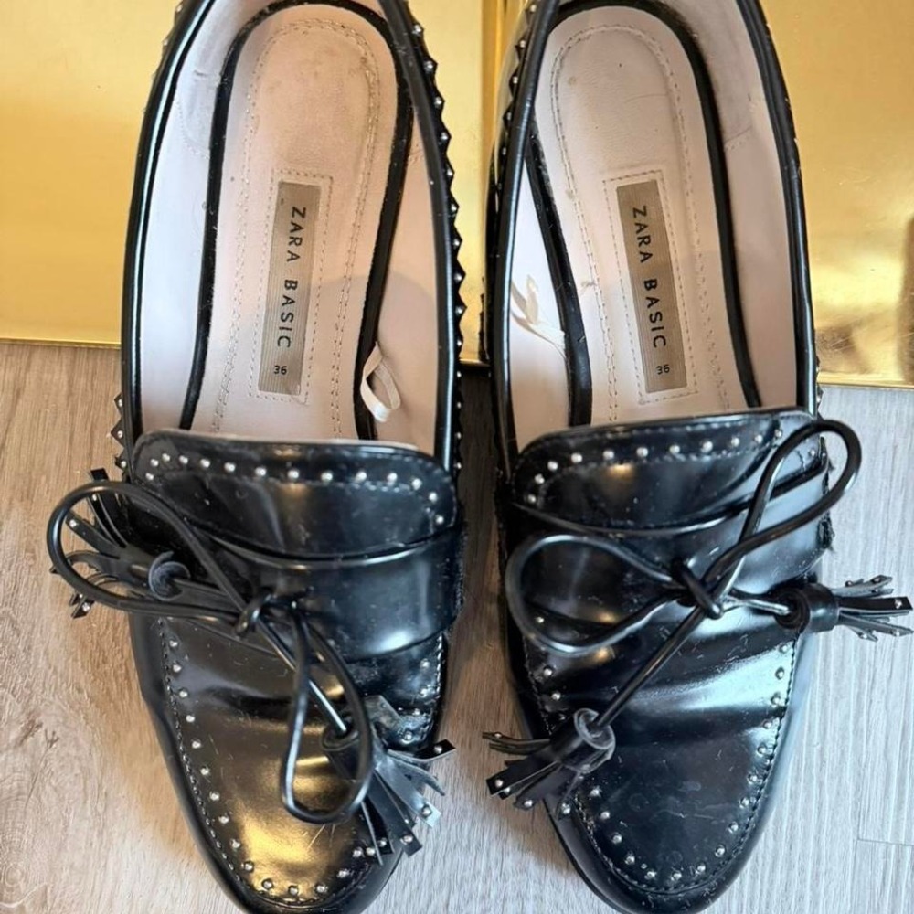 ZARA BASIC Black Studded Bow Tasseled Loafer Flats Cushioned Women's EU 36 - Picture 3 of 7